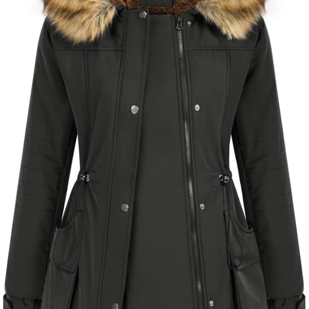 Women's Maternity Baby Wearing Black Fur-Trimmed Parka